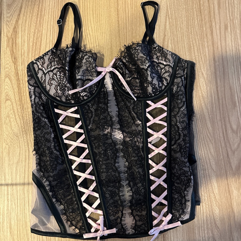 Victoria's Secret Black Lace Bodysuit with Pink Accents